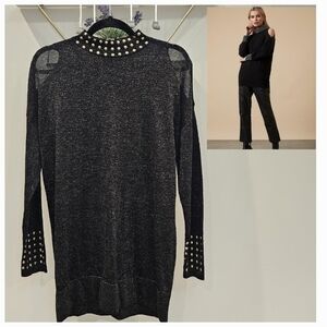 Wallis Black Gold Studded Cold Shoulder Mock Neck Tunic Sweater Top Size Medium